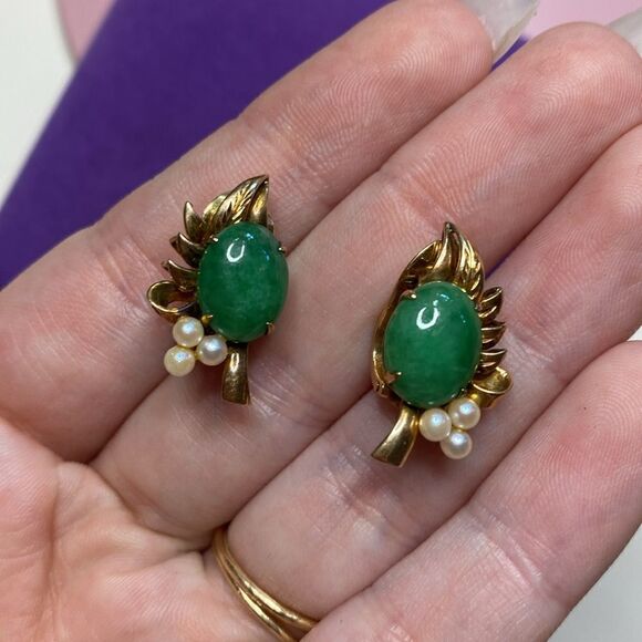 💛 Vintage 14k Yellow Gold 10.43ct Jade & White Pearl Clip On Earrings - Picture 5 of 7